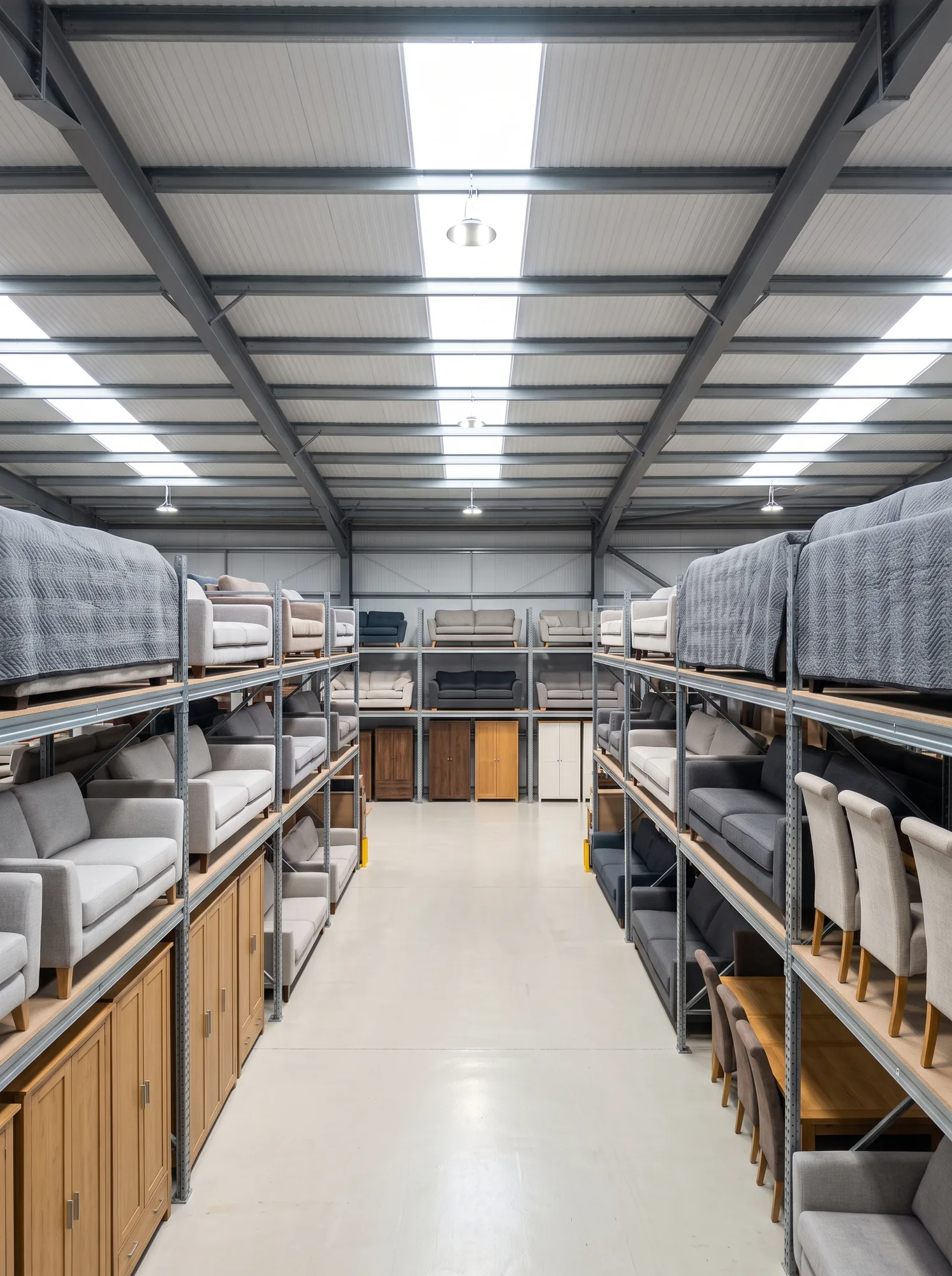 A wide aisle between tall racks of blanket-wrapped furniture in the Refurnish warehouse