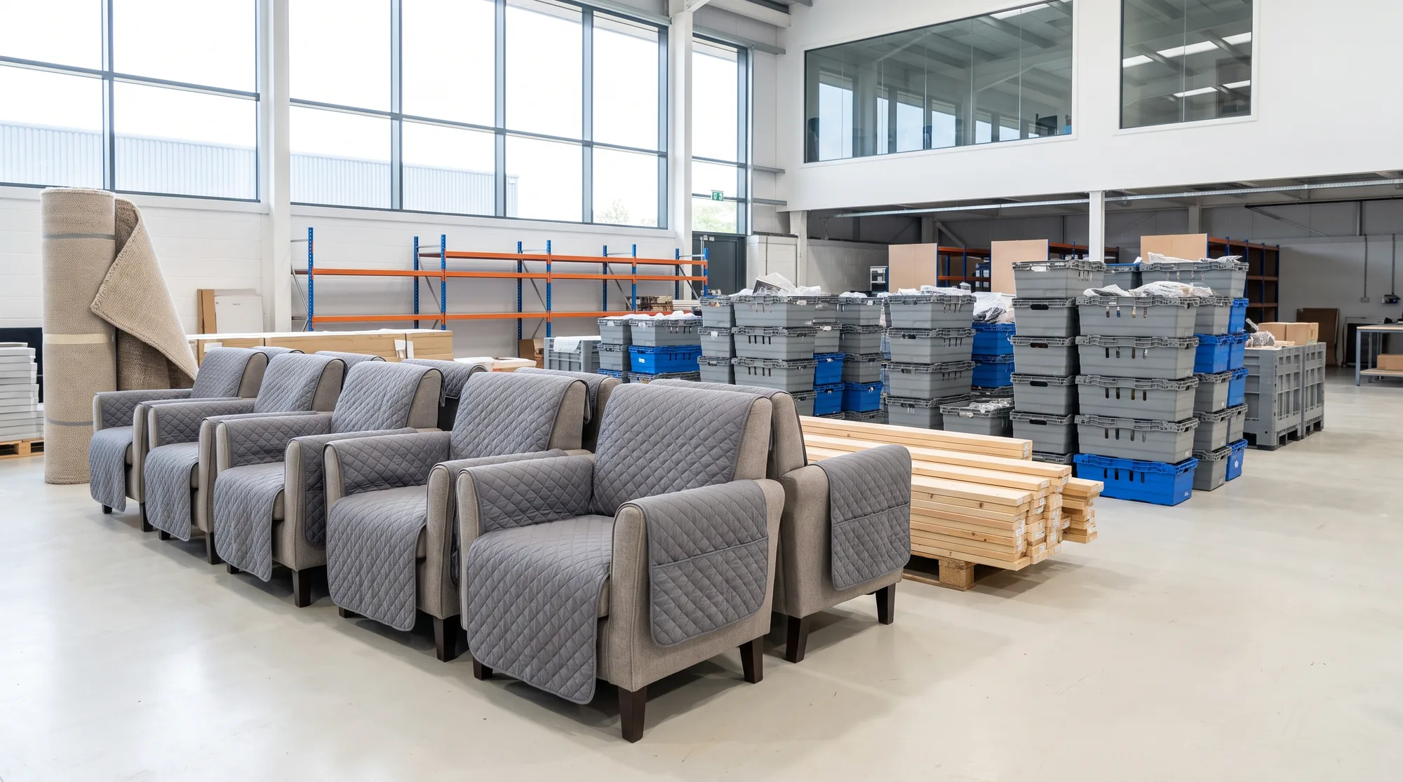Covered armchairs, stacked timber and crates of homeware waiting on the warehouse floor to go back into use