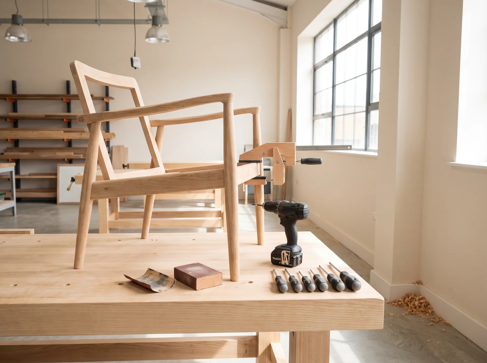 A part-restored oak chair clamped on a workshop bench beside a drill and a row of screwdrivers