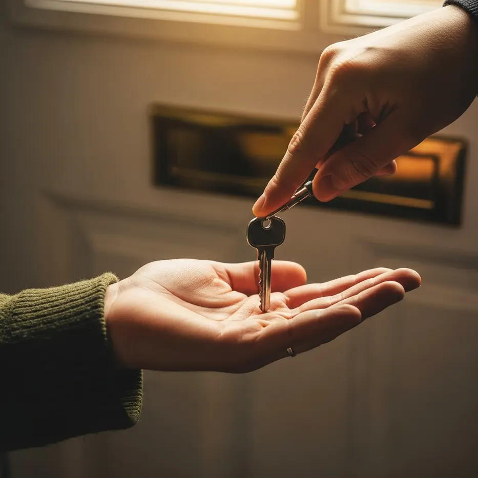 A front-door key being pressed into an open palm