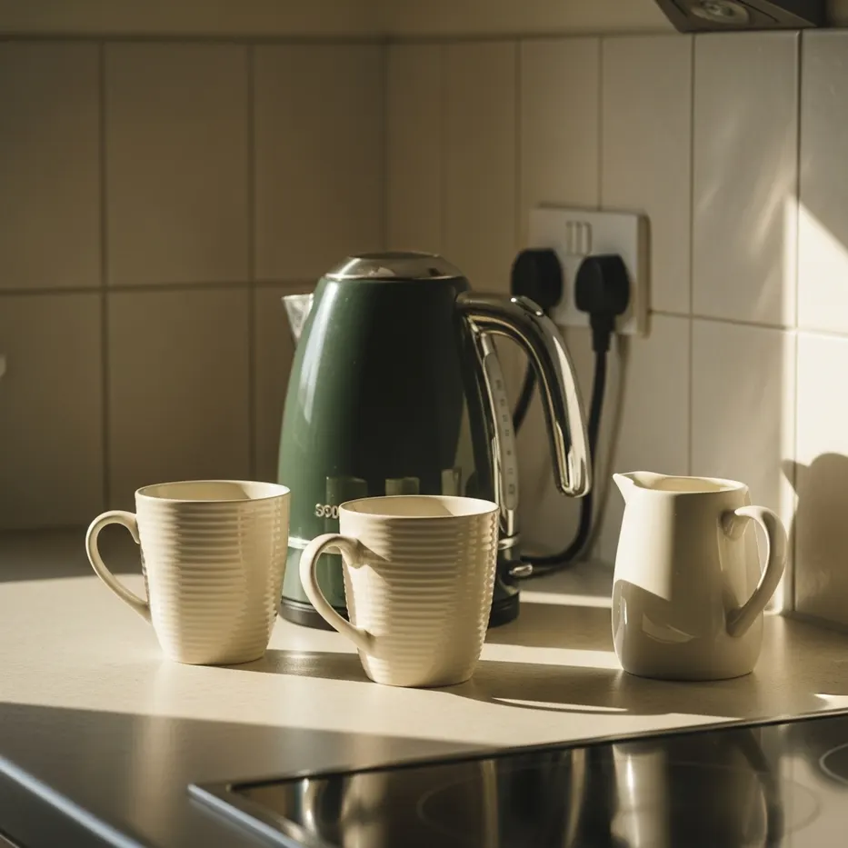 A kettle and two mugs on a clean kitchen worktop in morning light
