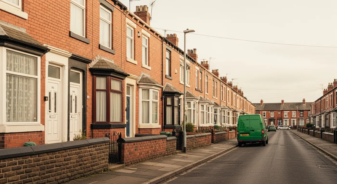 A Yorkshire terraced street on a bright afternoon, the neighbourhood Doncaster Refurnish serves