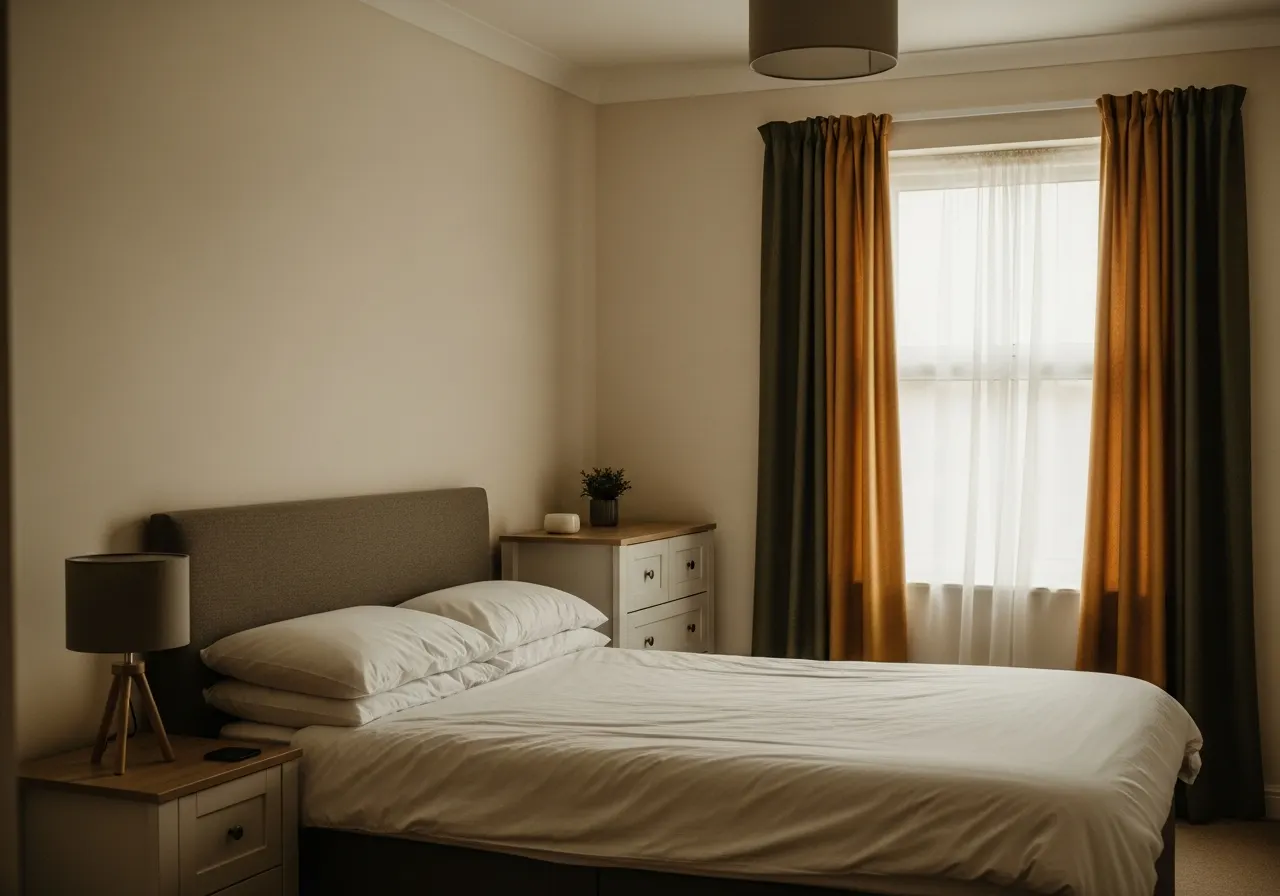 A newly furnished bedroom with a made bed, bedside table and lamp in soft daylight