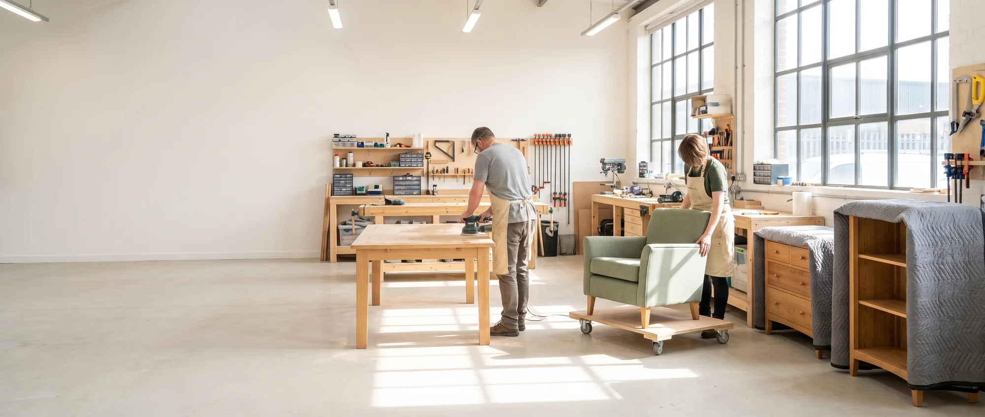 Two Doncaster Refurnish workers restoring donated furniture in the bright workshop, with finished pieces waiting to go back out