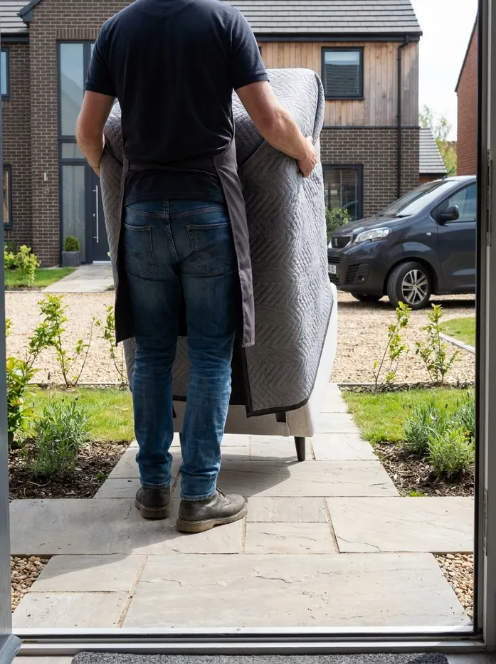 Doncaster Refurnish crew delivering furniture to a customer's doorstep