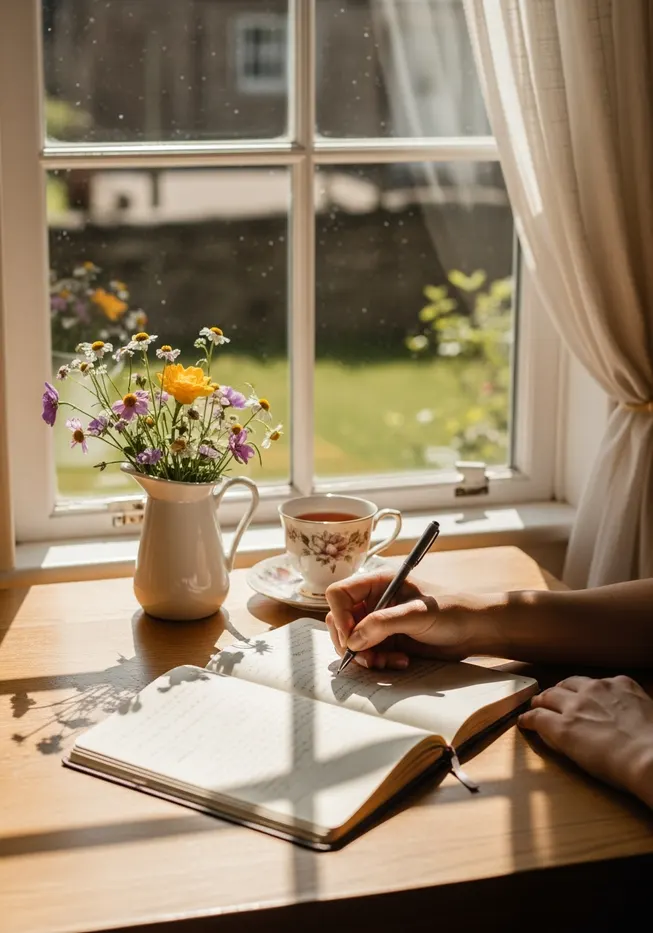A hand writing a note in a diary beside a cup of tea at a sunlit window.