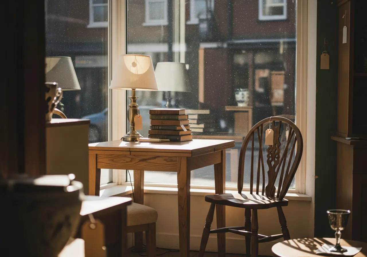 Sunlight falling across a corner display of furniture inside the shop.