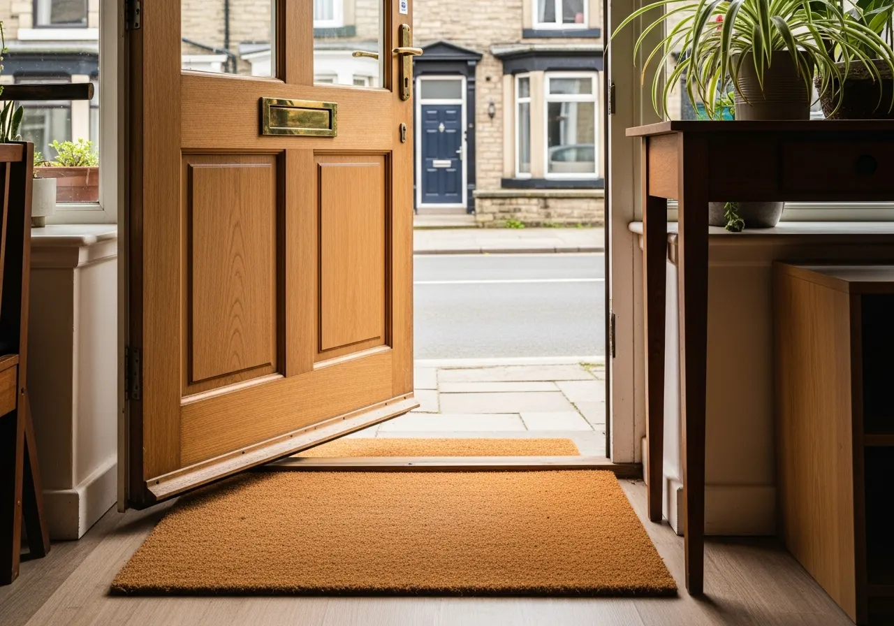 The open doorway of the shop with a welcome mat and daylight on the threshold.