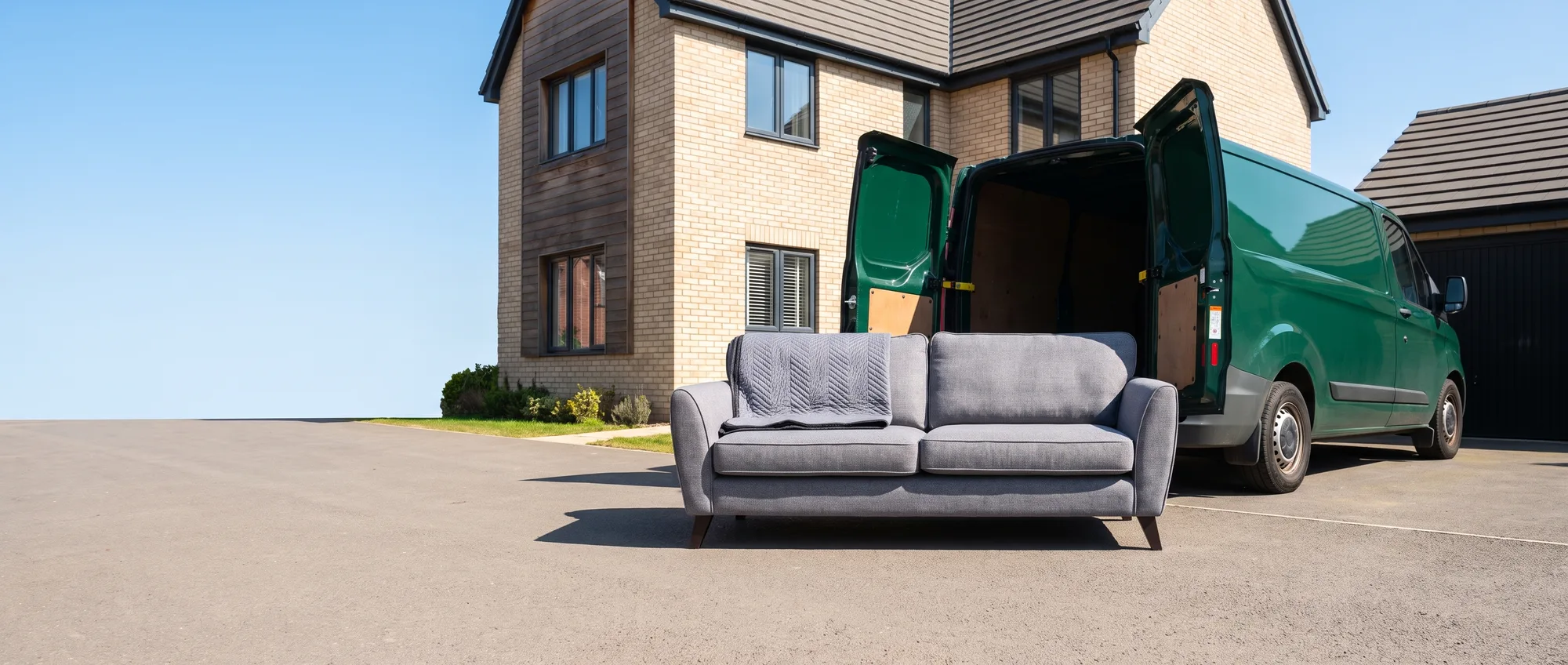 A grey fabric sofa in good condition stood on a sunny driveway with a moving blanket over one arm, the open back of a green van waiting behind it