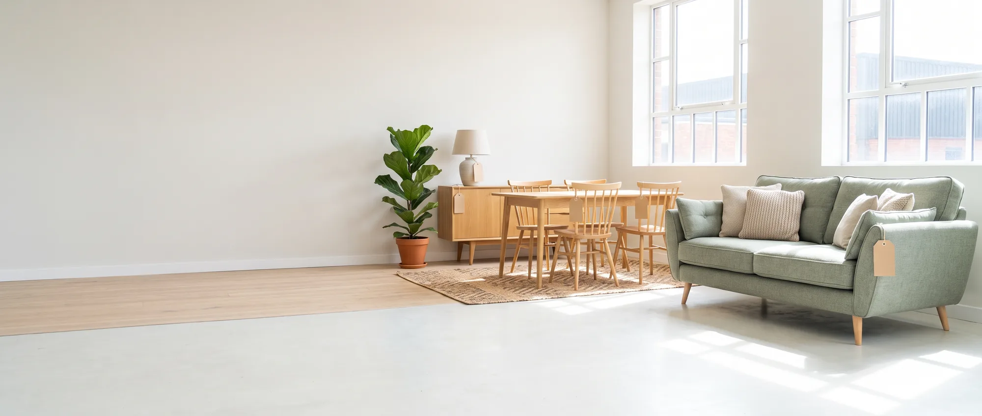 A bright shop floor laid out with refurbished furniture (a sage sofa, an oak dining table and chairs, a sideboard and a lamp) under tall windows