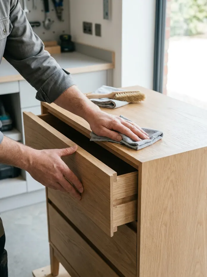 A pair of hands wiping down a donated wooden chest of drawers at a workshop bench, one drawer eased open