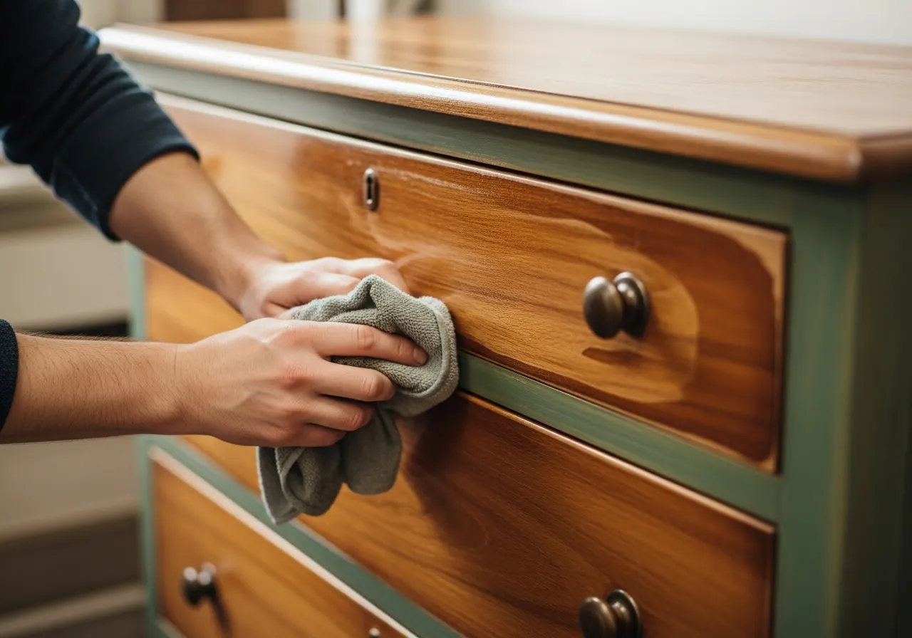 A staff member checking the hinges and hardware of a donated wardrobe in the Doncaster Refurnish workshop